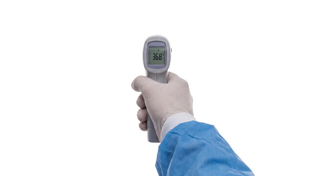 Gloved hand holding infrared thermometer scanner transparent background isolated cutout ideal for medical websites clinic materials health campaigns presentation slides and educational graphics