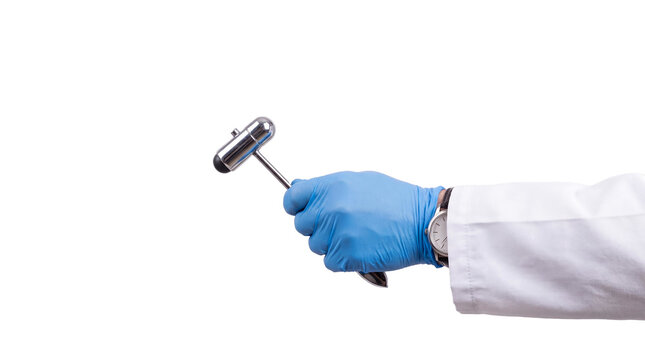 Gloved hand holding medical reflex hammer transparent background isolated cutout ideal for medical websites clinic materials health campaigns presentation slides and educational graphics