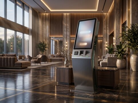 Modern minimalist digital check-in kiosk terminal in a luxury hotel lobby, self-service hospitality technology