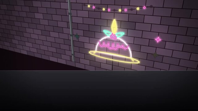 Neon christmas pudding sign on tiled wall angled view looping motion