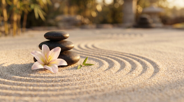 zen spa still life with sand lily and healing stones in golden hour light close up commercial photo with copy space