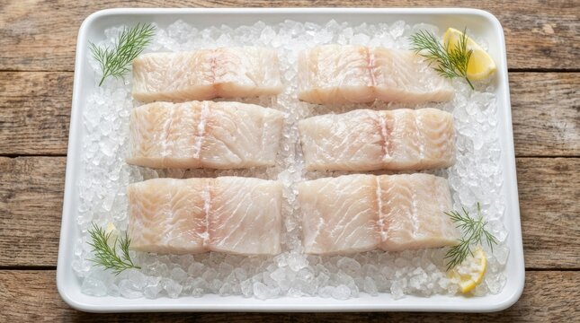 Fresh white fish fillets on crushed ice tray with dill and lemon