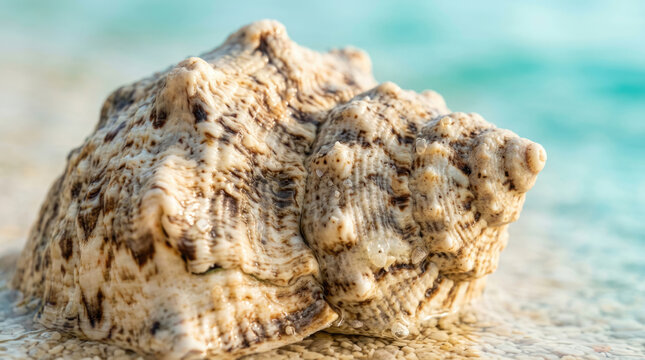 Extreme Close Up of Large Textured Marine Seashell on Sandy Tropical Beach with Soft Turquoise Ocean Background