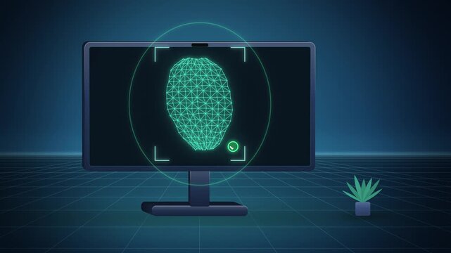 Blue desktop monitor facial recognition scan unlocking with mesh