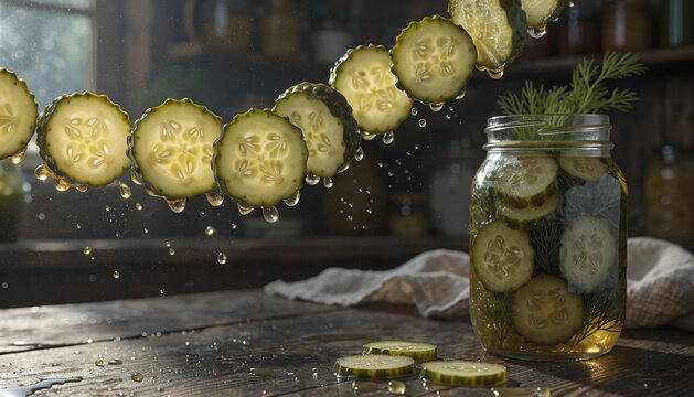 flying pickle slices, dill pickle photography, pickled cucumber jar, rustic pickle food, floating pickle slices