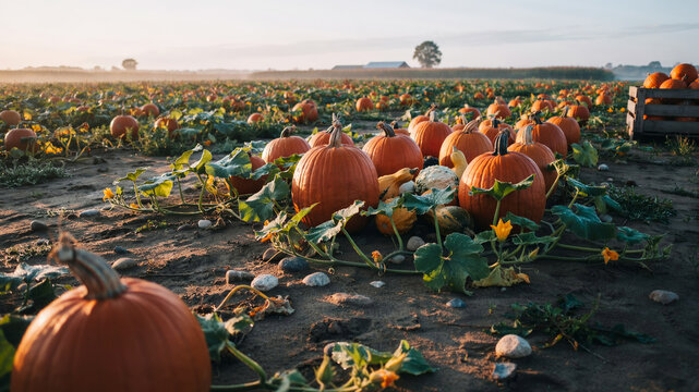 Ripe pumpkins growing in farm field during autumn harvest with pumpkin patch