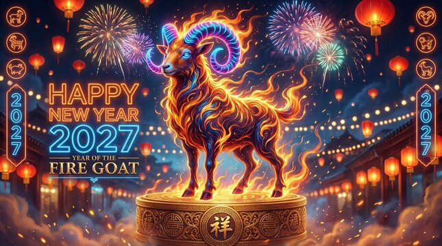 Chinese happy new year 2027 poster featuring artistic fire goat symbol and glowing neon lights.