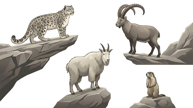 Mountain wildlife illustration featuring a snow leopard ibex marmot and mountain goat