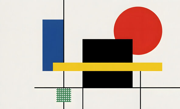 Modern minimalist abstract geometric art composition with primary colors bold shapes black lines and Bauhaus style influence