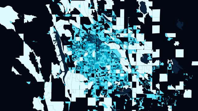Fort Collins, Colorado - Choice City & Cache la Poudre Front Range: Animated 4K Statistical Block Density Diffusion & Dark-to-Light Cyan Choropleth Urban Morphology Map