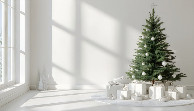 Minimalist white christmas tree with silver ornaments and gift boxes room.