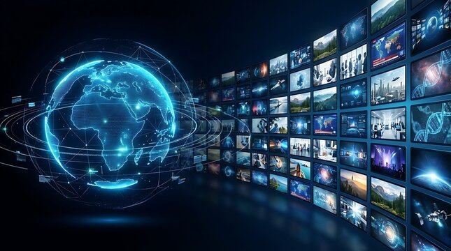 Glowing digital globe hologram surrounded by interconnected rings positioned near a vast multimedia wall displaying numerous vibrant screens filled with diverse futuristic data streams