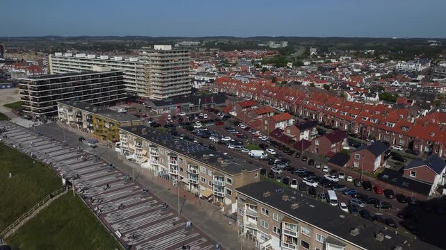 Zandvoort, the Netherlands - May 28th 2023: Drone flying over the boulevard and town. 