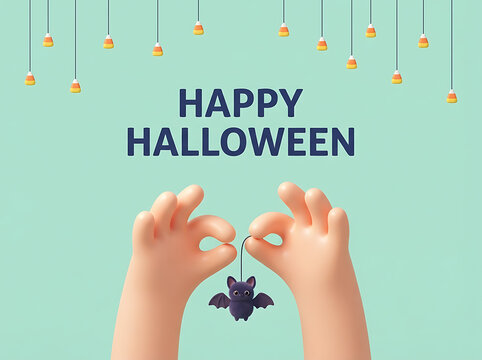 Happy Halloween hands holding a small bat toy for celebration