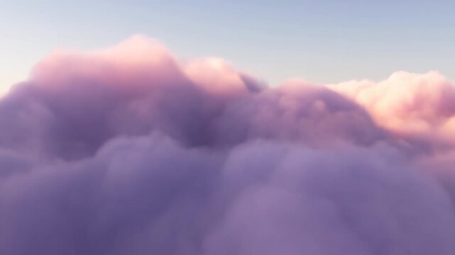 Pink clouds billow and drift above a dense cloud layer in a softly lit sky