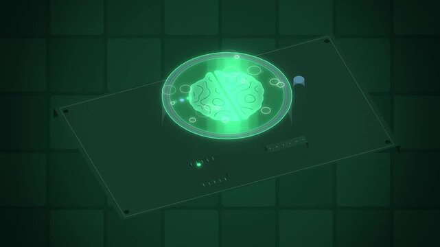 AI brain floating in a glowing glass jar top down view tech concept