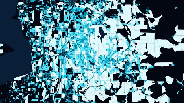 Kent (WA) 4K High-Detail Census Block Spreading Time-Lapse | Green River Valley Industrial & South King County Illuminated Blue Cadastral Mosaic & Demographic Grid