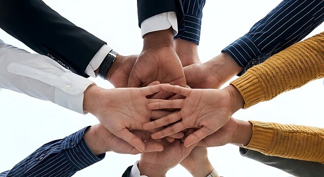 Diverse business team stacking hands together in powerful display of corporate unity collaboration partnership friendship motivation trust strength support and professional teamwork outdoors