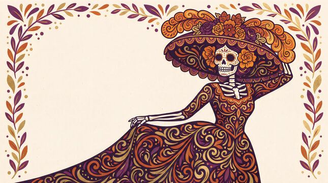 Elegant skeletal catrina wearing massive ornate hat and patterned dress, surrounded by beautiful floral frame illustration for day of the dead festival celebration