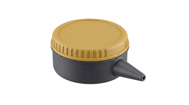 Black plastic dispenser container with yellow lid and side nozzle