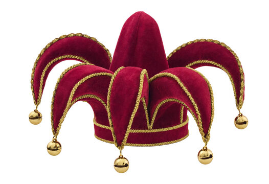 Rich red velvet jester hat adorned with golden trim and shiny gold bells at each curved point