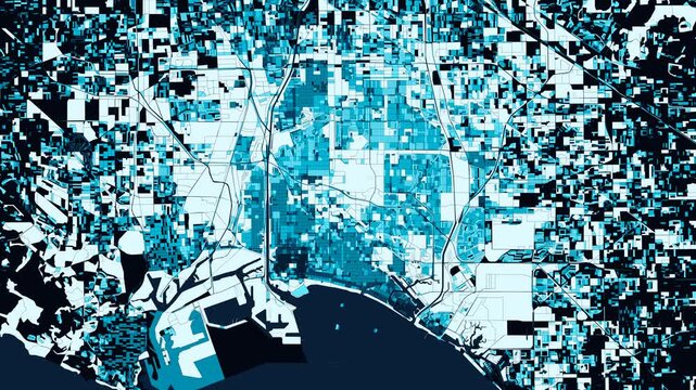 Long Beach, California Dynamic 4K Spatial Diffusion of Census Polygons - San Pedro Bay Port & Coastal LA County & Cyan-Shaded Urban Block Structure & GIS Cartography