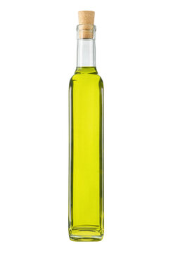 Tall rectangular glass bottle filled with yellow olive oil and sealed with a natural cork stopper