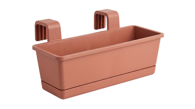 Empty brown plastic hanging balcony planter box with hooks