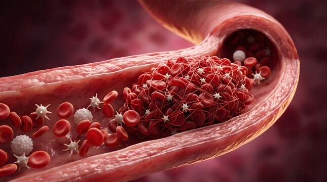 Illustration of Blood clot made of red blood cells, platelets and fibrin protein strands. Thrombus.