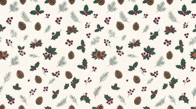 Christmas seamless pattern with pine cones and holly berries vector illustration