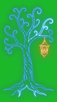 Glowing neon line art animation of spooky tree with hanging lantern on green screen