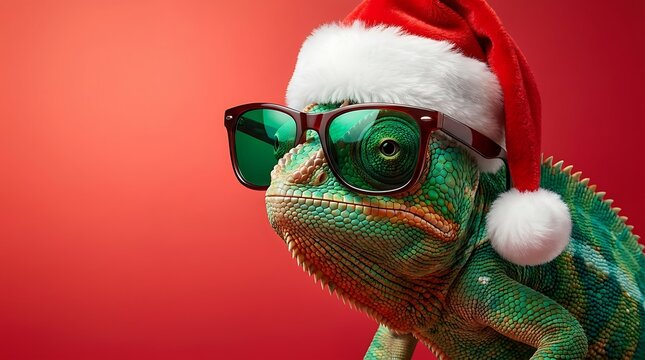 Festive green chameleon wearing trendy dark sunglasses and fluffy red christmas santa hat against vibrant solid background highlighting unique holiday spirit and quirky humor