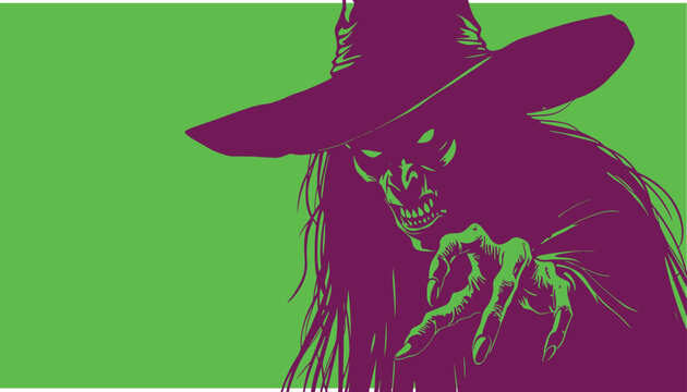 Spooky witch vector graphic illustration featuring creepy sorceress character with pointing claw finger wearing pointed hat against vibrant neon green and purple patterned background for Halloween hor
