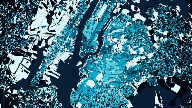 New York City, New York: 4K Census Block Spatial Propagation Across Five Boroughs & Manhattan Metropolitan - Dark-to-Light Cyan Choropleth Urban Morphology Map