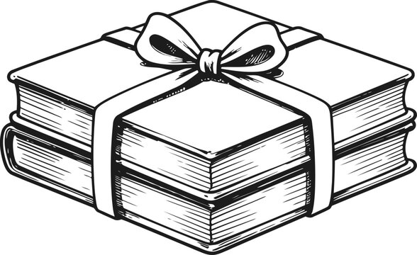 Stack of books tied with ribbon bow gift bundle illustration in black and white drawing