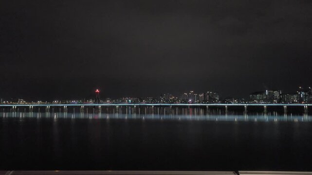 Night View of Han River and City Lights Seen from Moving Car Window on Bridge