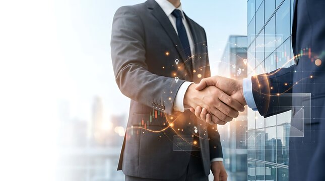 Professional businessmen shaking hands outdoors in front of a modern corporate skyscraper building while glowing digital financial graphs and networking connection lines overlay the scene