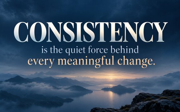 Consistency quote poster with refined white and gold typography over peaceful blue mountains at sunrise, illustrating steady habits and the quiet power behind meaningful change.