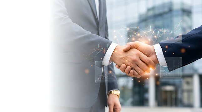 Business Partnership Handshake with Digital Financial Growth Charts and Corporate Strategy