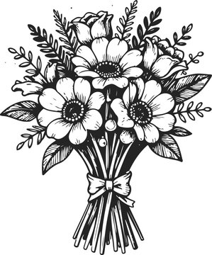 Detailed black and white floral bouquet with anemone and rose flowers tied with ribbon