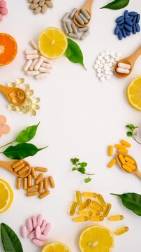 Various tablets and capsules, supplements and vitamins. Selective focus.