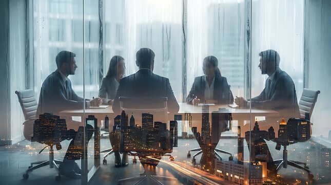 Corporate executives sitting around boardroom table during important meeting while city skyline reflects beautifully across wet glass windows in modern skyscraper office space