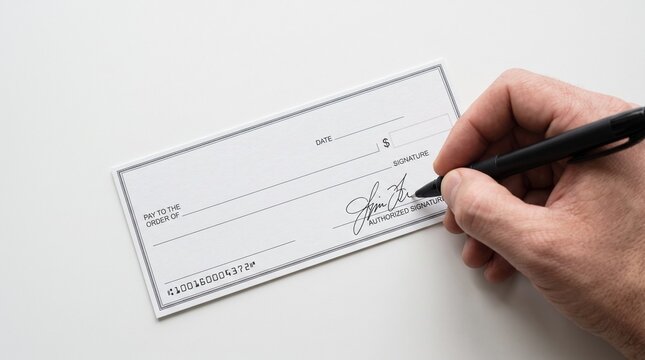 Extreme closeup of a hand signing a blank check with a black pen on a white surface, soft overhead natural light, top down view, pen strokes and check lines razor sharp, minimal banking concept