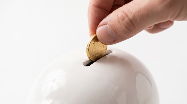 Extreme closeup of a hand dropping a single gold coin into a white piggy bank slot, pure white background, soft diffused side light, coin and slot sharp and clear, minimal savings finance concept