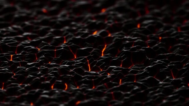 Glowing lava fissures illuminate a rugged volcanic rock surface in closeup detail