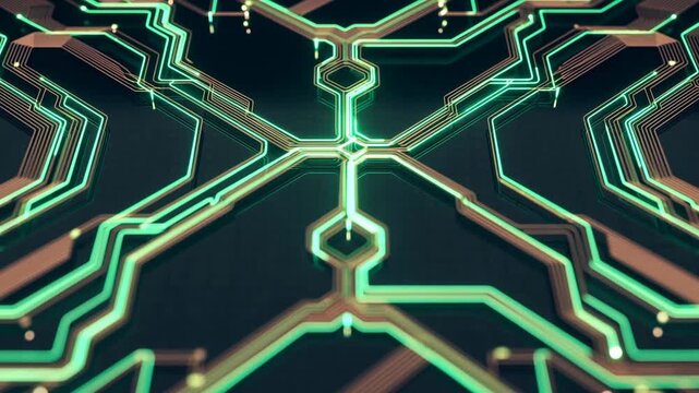 Glowing circuit board pathways form a symmetrical pattern on a dark digital surface