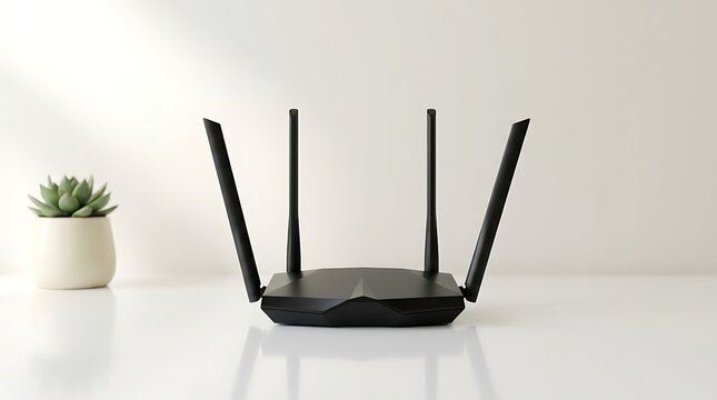 Modern black wireless internet router featuring multiple vertical antennas standing on a clean white desk surface inside a bright minimalist interior room setting