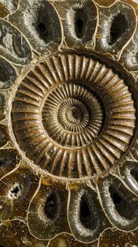Ammonite fossil spiral showing intricate chambers. Ancient marine mollusk shell structure for geological research. Prehistoric nature specimen for science study. Vertical video