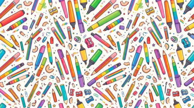 Colorful school supplies pattern with pencils and markers for