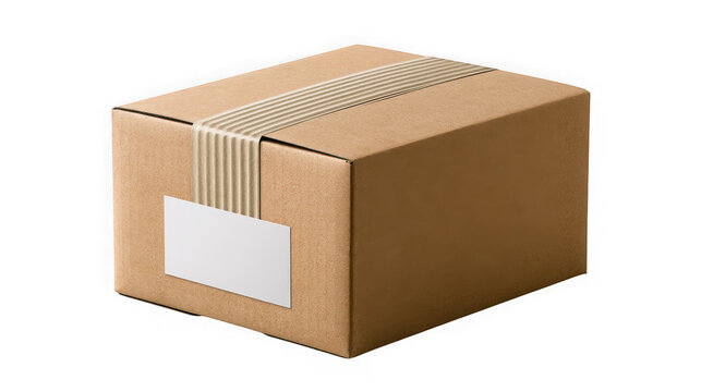 Cardboard shipping box sealed with wide paper tape and featuring a blank white label on the side ready for custom branding text and international parcel delivery logistics in ecommerce fulfillment.